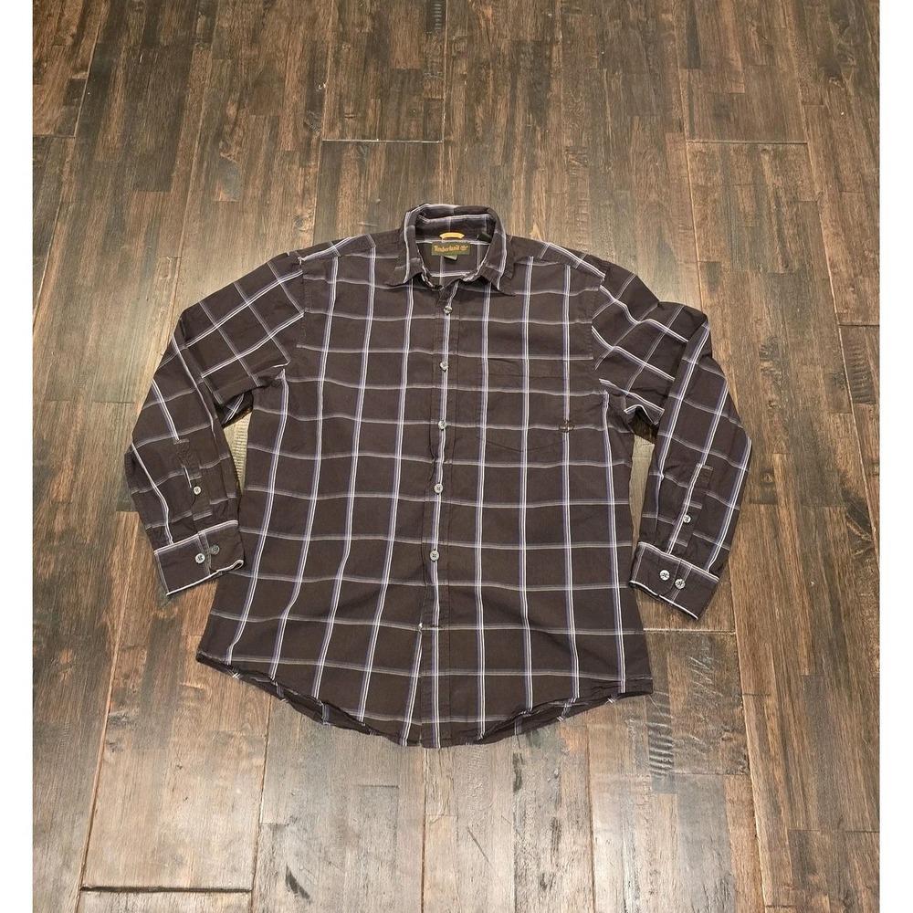 Timberland Shirt Mens Medium Brown Plaid‎ Long Sleeve Button Down Chest Pocket